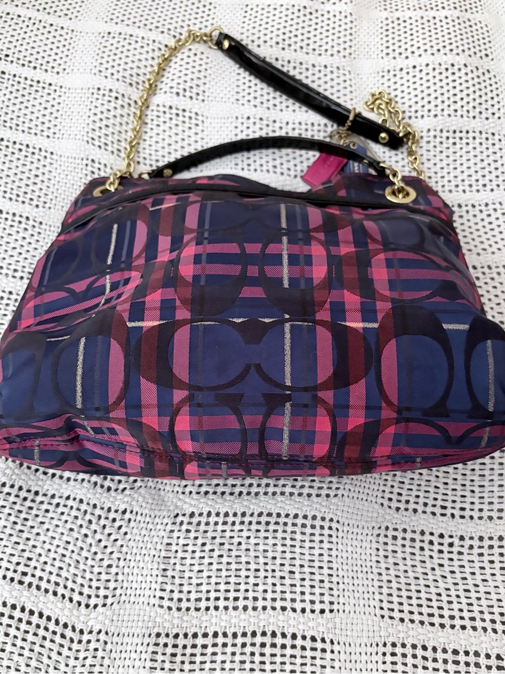 Coach Poppy Tartan Plaid Signature Chain Tote - Navy… - Gem
